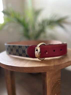 Gucci Monogram Belt with Red Leather and Gold Buckle